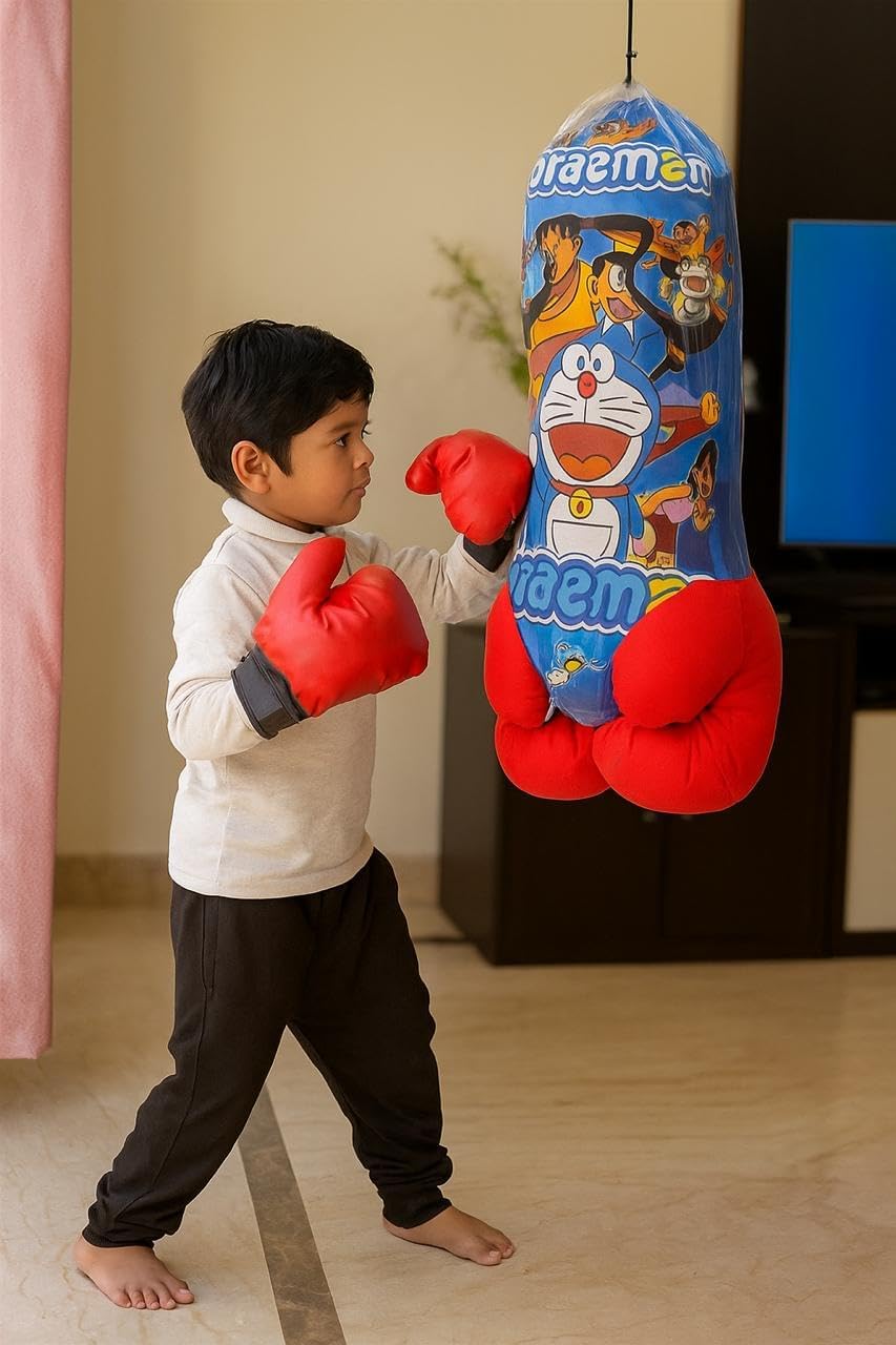 Kids Boxing Set with Punching Bag, Gloves & Headgear | Cartoon-Themed Boxing Kit for Children (Ages 2–8 Years) | Soft & Safe Training Set for Indoor Play (DOREMON) - Image 3