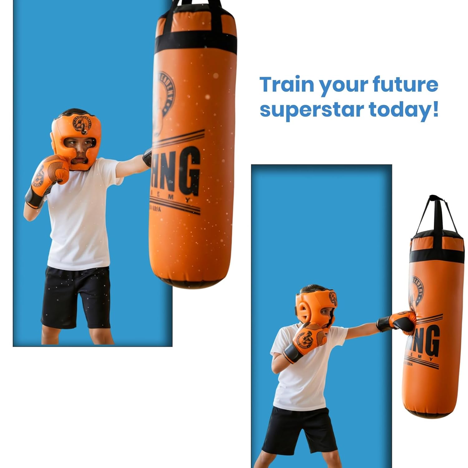 Kids Boxing Kit Pack of 4 | Pre-Filled Punching Bag, Gloves & Headguard (Orange) - Image 5